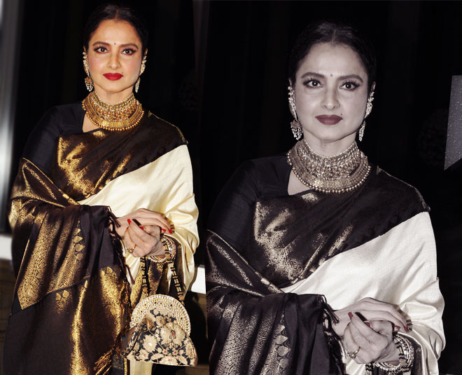 ब्लैक, व्हाइड एंड गोल्ड साड़ी में graceful रेखा Evergreen Rekha for her birthday